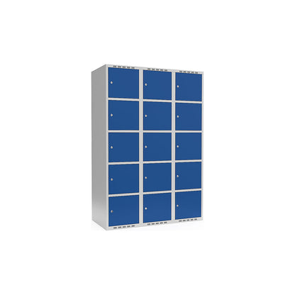 Fydor 5-fold compartment locker, 3 compartments, light grey / gentian blue, W 1200 mm, flat roof shape, cylinder lock.
