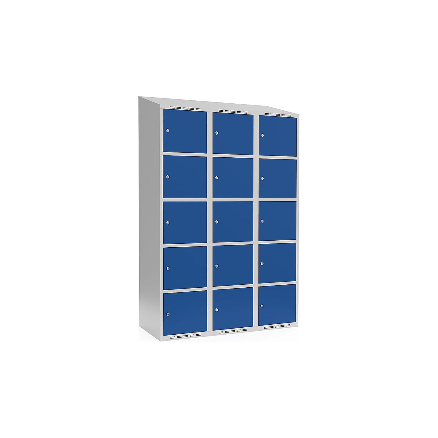 Fydor 5-fold compartment locker, 3 compartments, light grey / gentian blue, W 1200 mm, sloping roof shape, cylinder lock.
