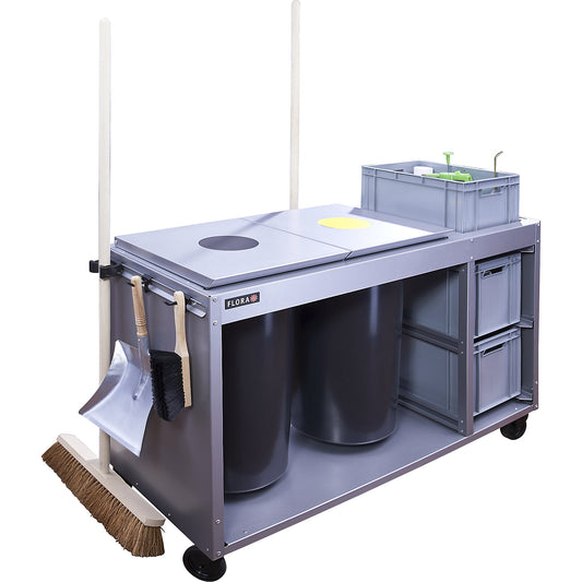 Duo cleaning station, with 2 x 60 l waste containers and 3 drawers, silver.