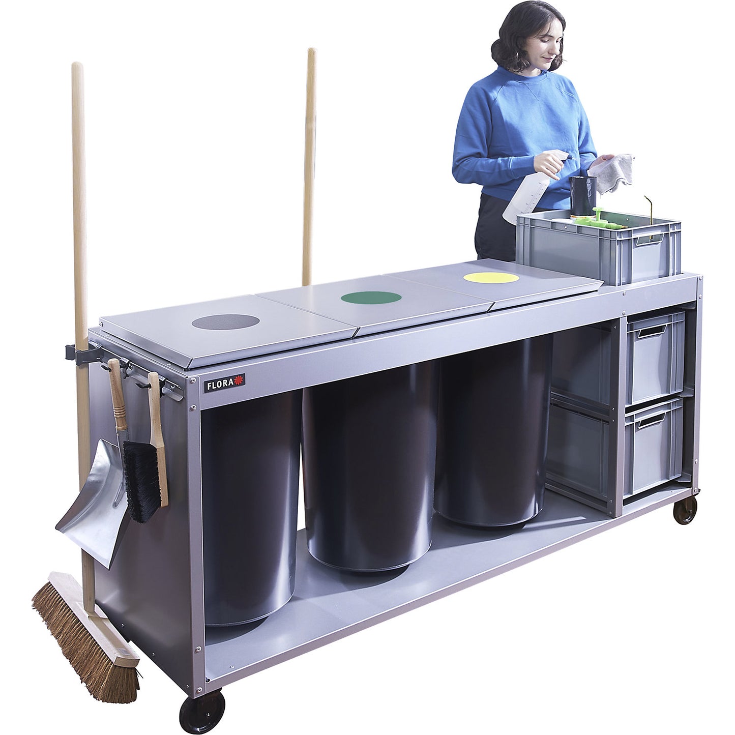 Trio Plus cleaning station, with 3 x 60 l waste containers and 3 drawers, silver.