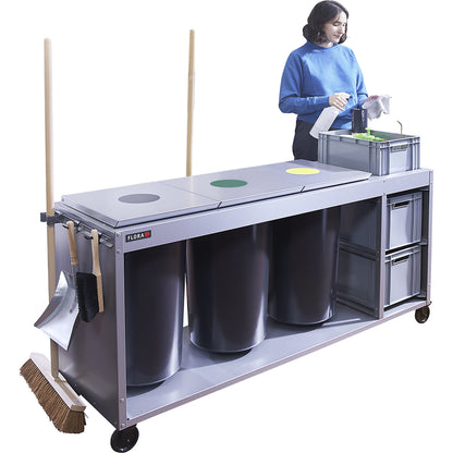 Trio Plus cleaning station, with 3 x 60 l waste containers and 3 drawers, silver.