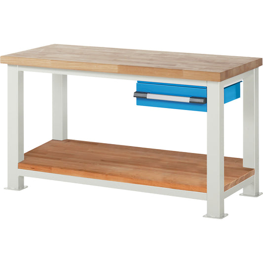 Heavy-duty workbench, 1 drawer, 1 shelf, WxD 1500 x 700 mm, load capacity 2500 kg.