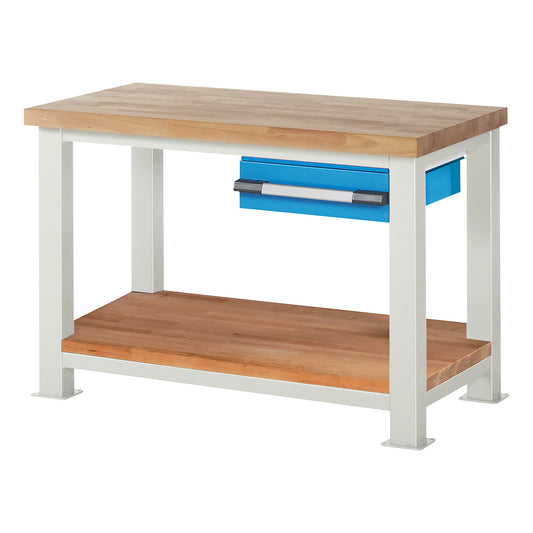 Heavy-duty workbench, 1 drawer, 1 shelf, WxD 1250 x 700 mm, load capacity 2500 kg.