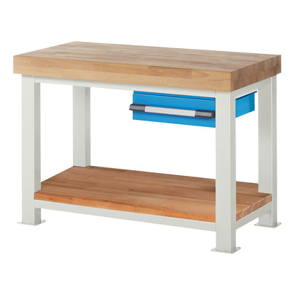 Heavy-duty workbench, 1 drawer, 1 shelf, WxD 1250 x 700 mm, load capacity 4500 kg.