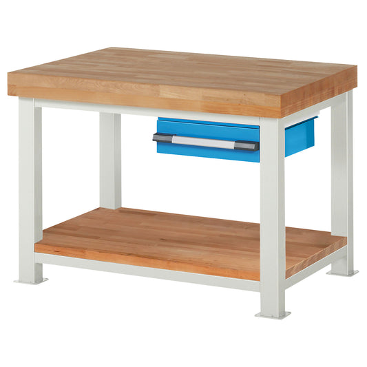 Heavy-duty workbench, 1 drawer, 1 shelf, WxD 1250 x 900 mm, load capacity 4500 kg.
