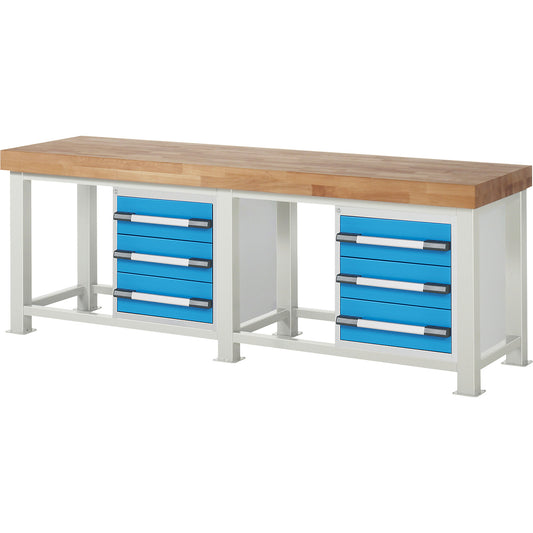 Heavy-duty workbench, 6 drawers, WxD 2500 x 700 mm, max. load 4500 kg.