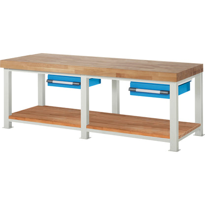 Heavy-duty workbench, 2 drawers, 1 shelf, WxD 2500 x 900 mm, max. load 2500 kg.