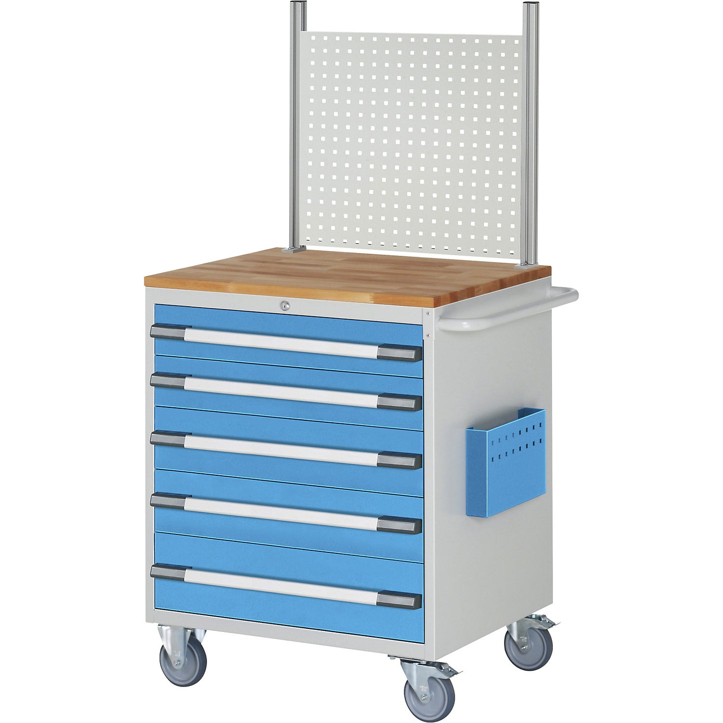 Compact workbench, mobile, 5 drawers, HxW 1675 x 770 mm, light grey / light blue.