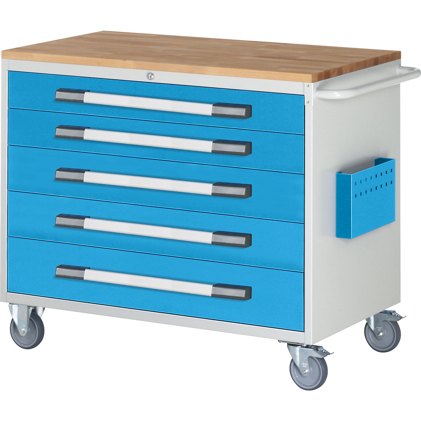 Compact workbench, mobile, 5 drawers, HxW 975 x 1145 mm, light grey / light blue.