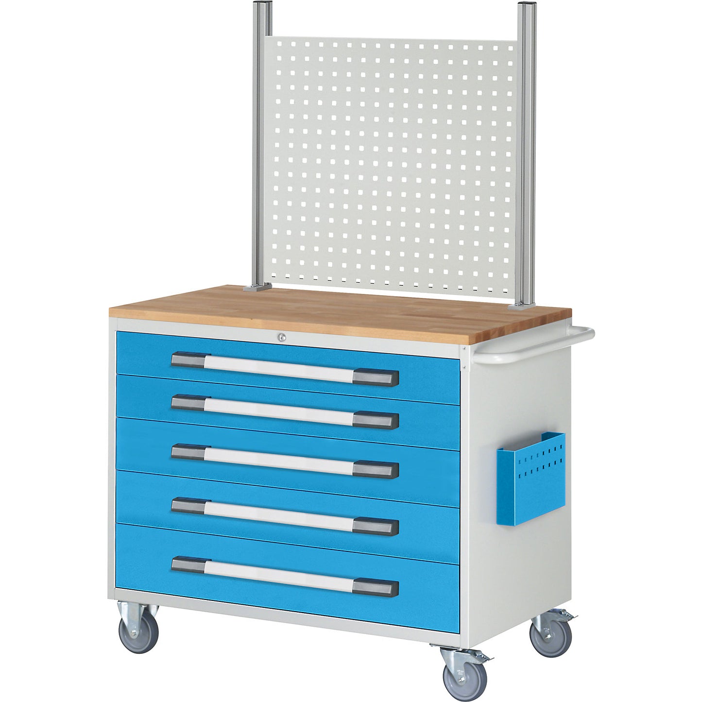 Compact workbench, mobile, 5 drawers, HxW 1675 x 1145 mm, light grey / light blue.