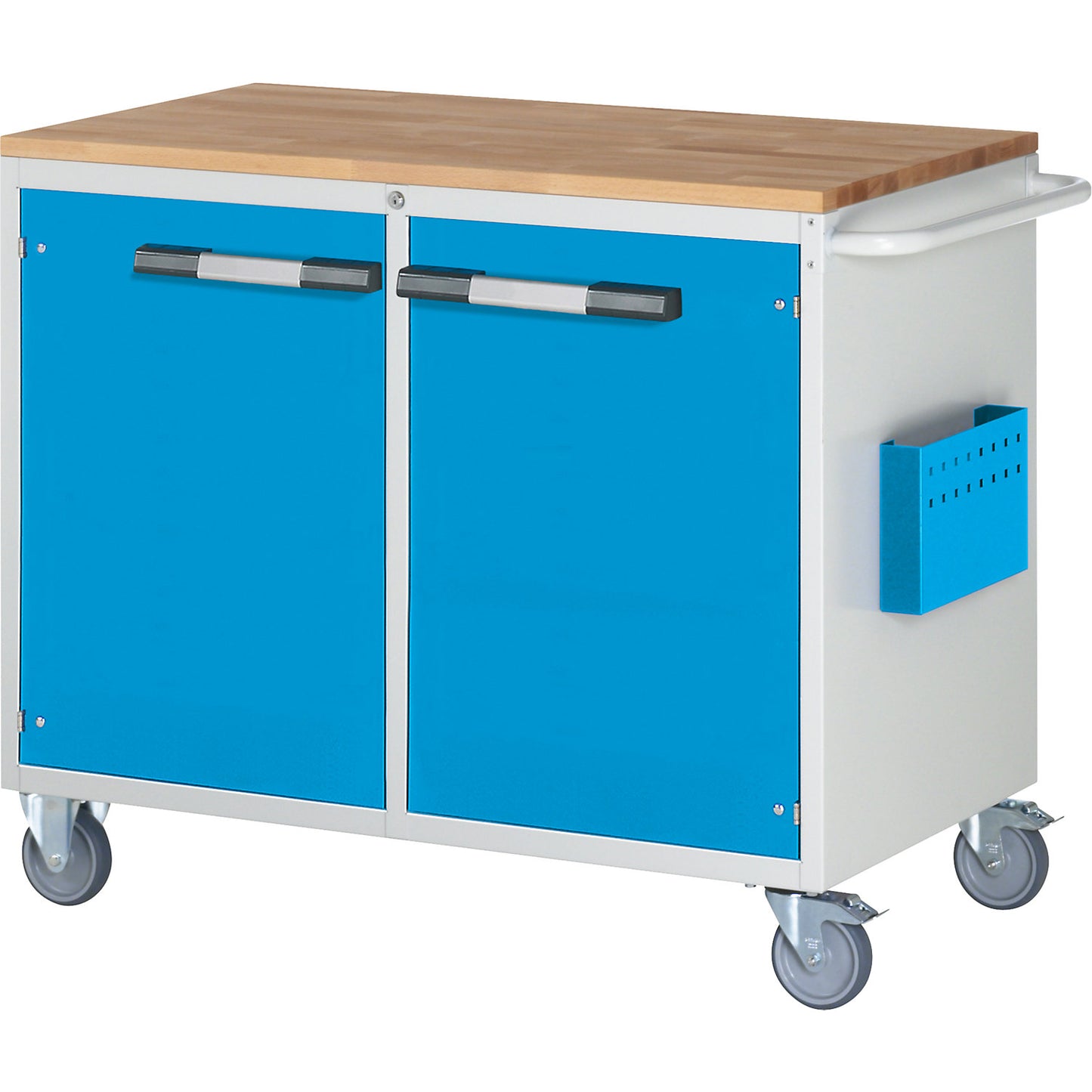 Compact workbench, mobile, 2 doors, HxW 975 x 1145 mm, light grey / light blue.