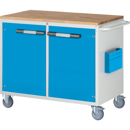 Compact workbench, mobile, 2 doors, HxW 975 x 1145 mm, light grey / light blue.