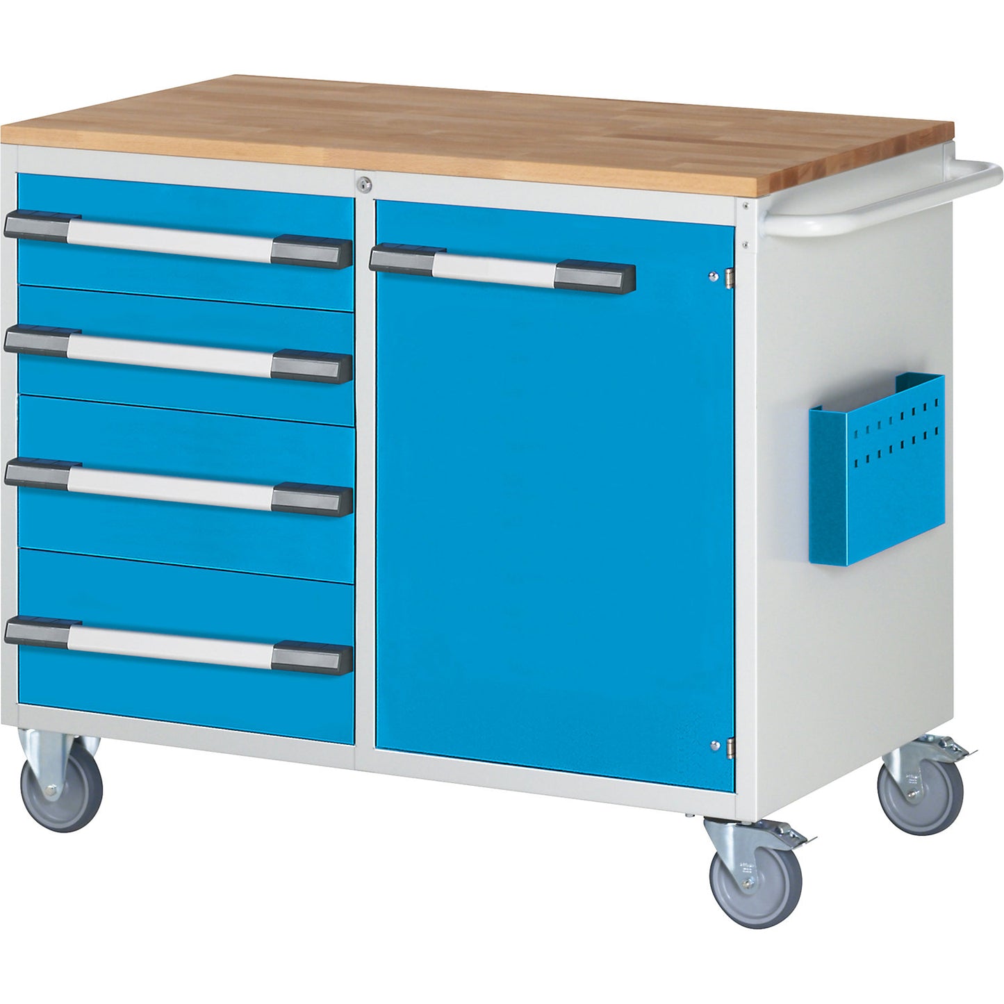 Compact workbench, mobile, 4 drawers, 1 door, HxW 975 x 1145 mm, light grey / light blue.