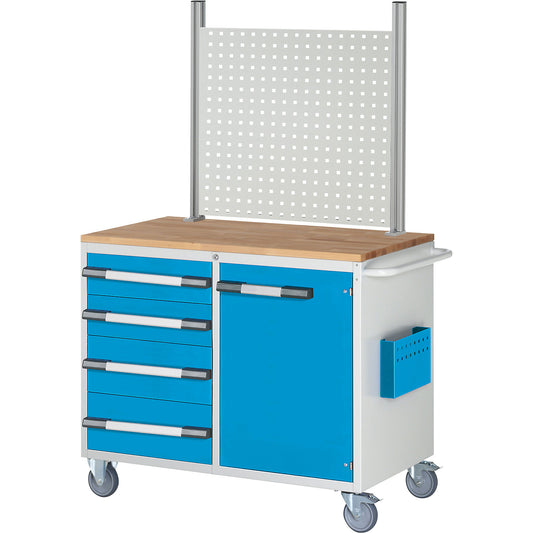 Compact workbench, mobile, 4 drawers, 1 door, HxW 1675 x 1145 mm, light grey / light blue.
