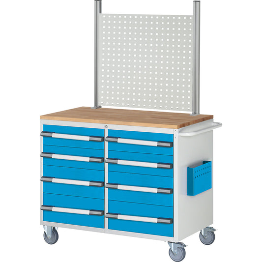 Compact workbench, mobile, 8 drawers, HxW 1675 x 1145 mm, light grey / light blue.
