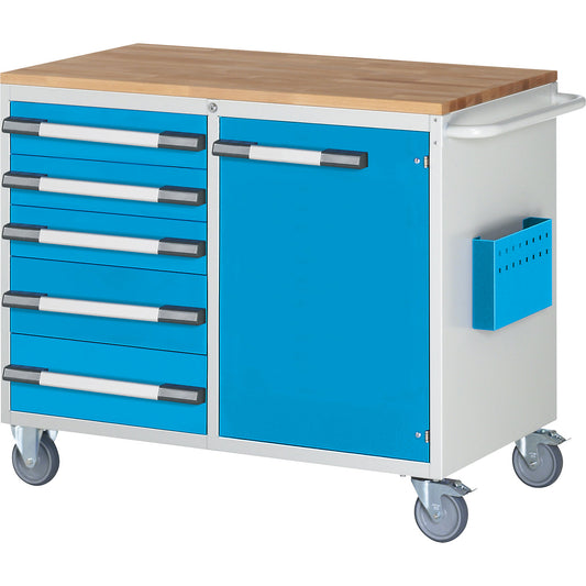 Compact workbench, mobile, 5 drawers, 1 door, HxW 975 x 1145 mm, light grey / light blue.