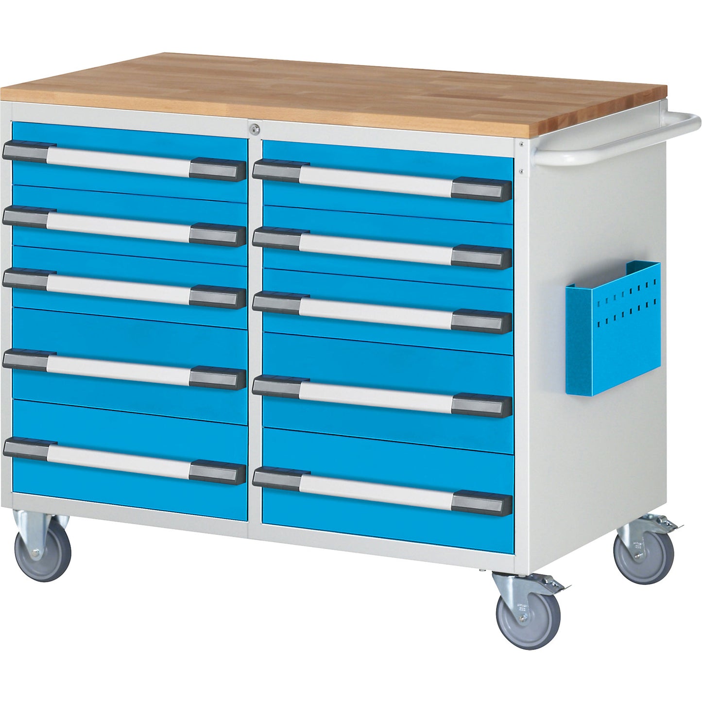 Compact workbench, mobile, 10 drawers, HxW 975 x 1145 mm, light grey / light blue.