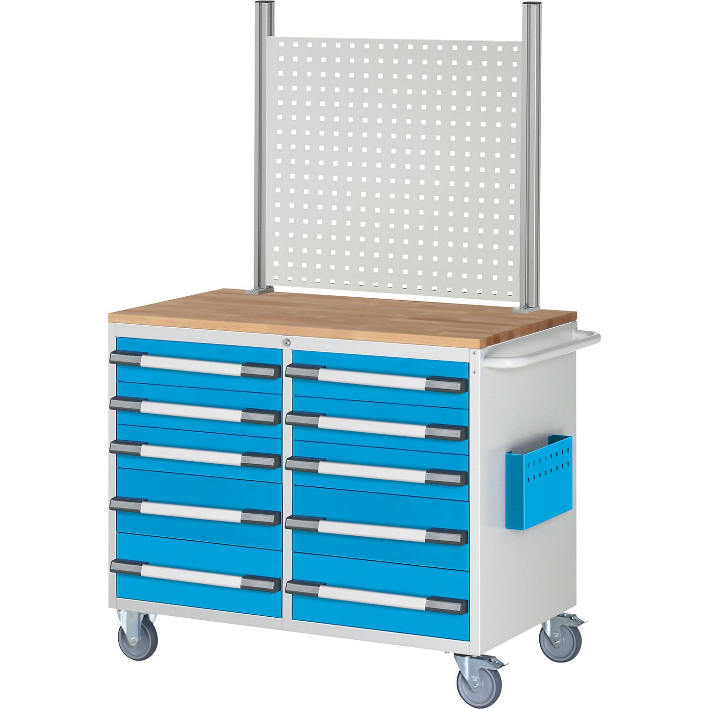 Compact workbench, mobile, 10 drawers, HxW 1675 x 1145 mm, light grey / light blue.