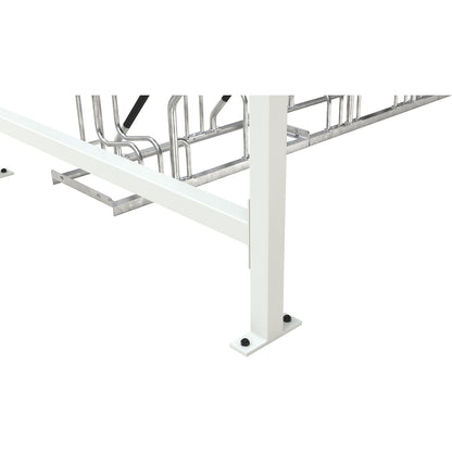 Material shelter Leipzig with bicycle stand model 2300, 8 parking spaces, flat roof, 3 open wall elements, HxW 2360 x 4300 mm.