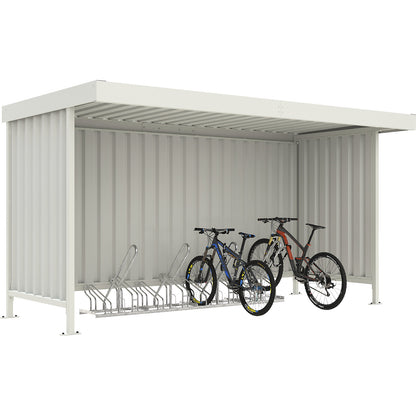 Material shelter Leipzig with bicycle stand model 2300, 8 parking spaces, flat roof, 3 open wall elements, HxW 2360 x 4300 mm.