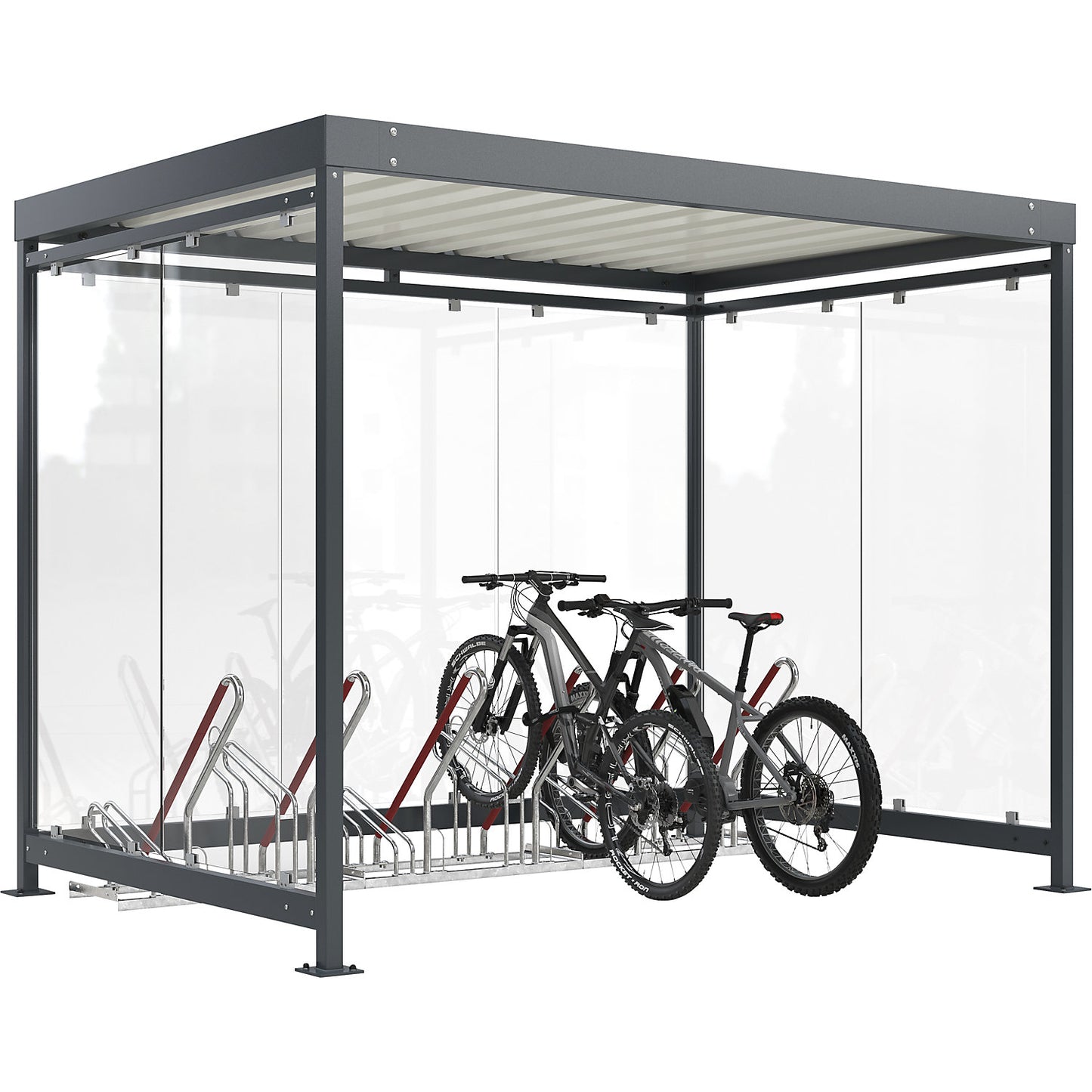 Köln shelter with lean-to cycle stand model 2500 XBF, 6 compartments, 7 glass elements, W 3180 mm, kit.