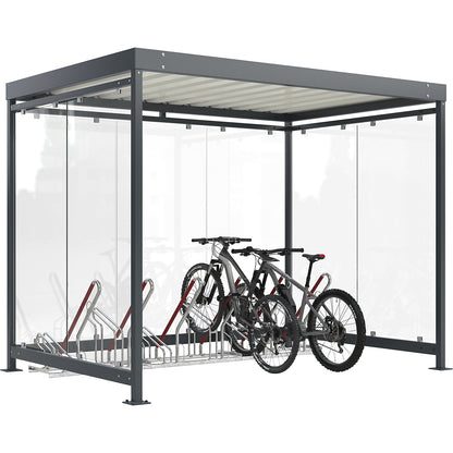 Köln shelter with lean-to cycle stand model 2500 XBF, 6 compartments, 7 glass elements, W 3180 mm, kit.