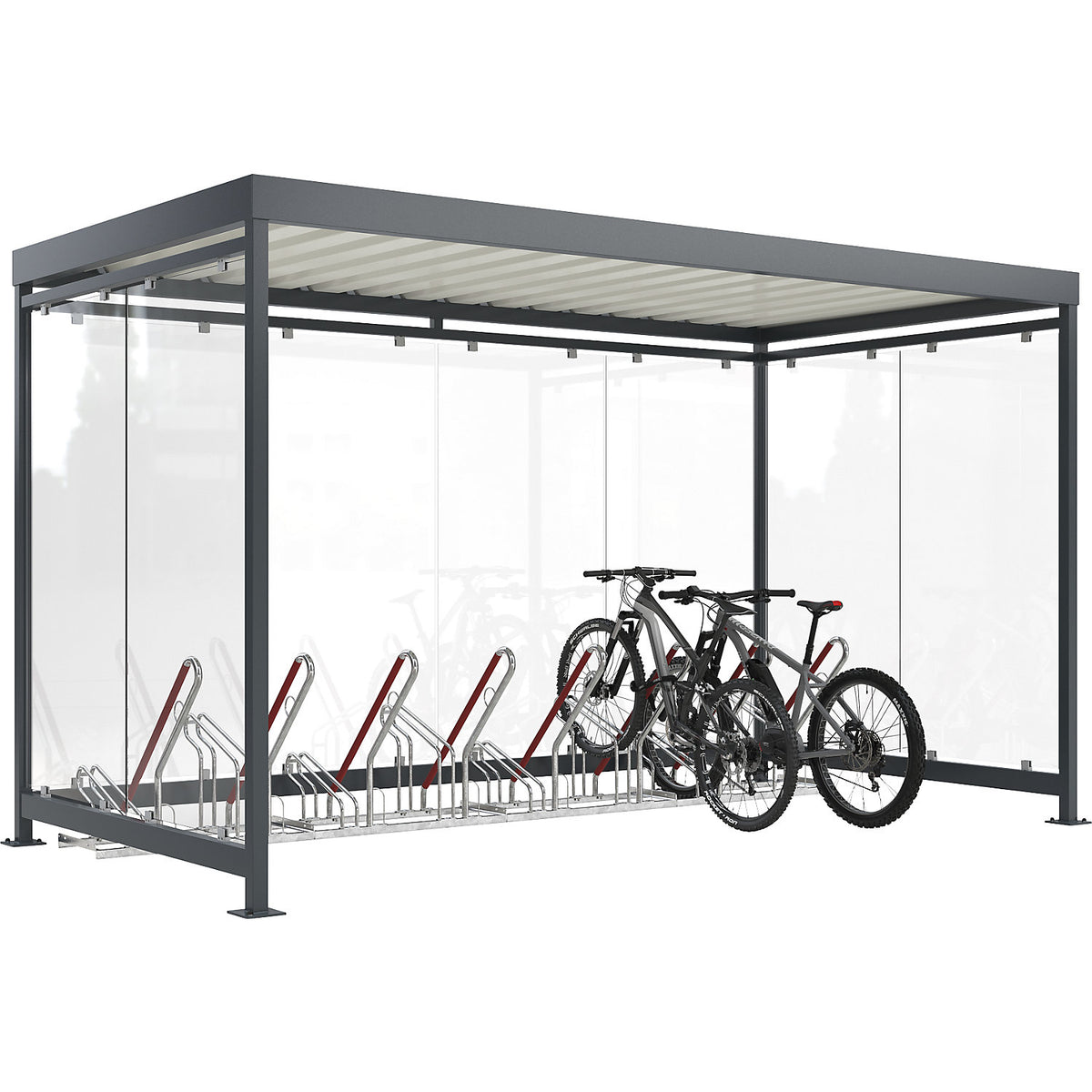 Köln shelter with lean-to stand model 2500 XBF, 8 compartments, 8 glass elements, W 4195 mm, fully assembled.