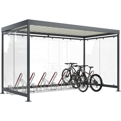 Köln shelter with lean-to stand model 2500 XBF, 8 compartments, 8 glass elements, W 4195 mm, fully assembled.