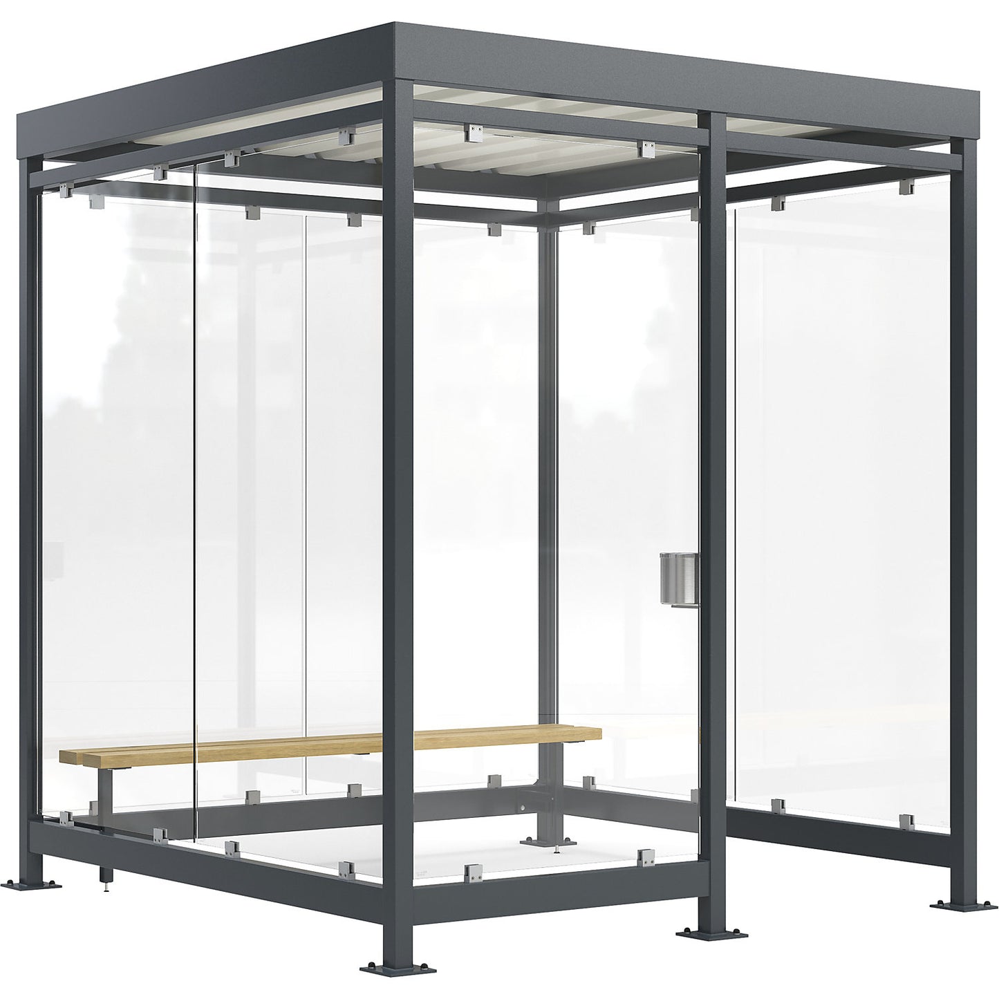 Köln shelter with bench and ashtray, open, fully assembled, W 2165 mm, with bench, 7 glass elements.