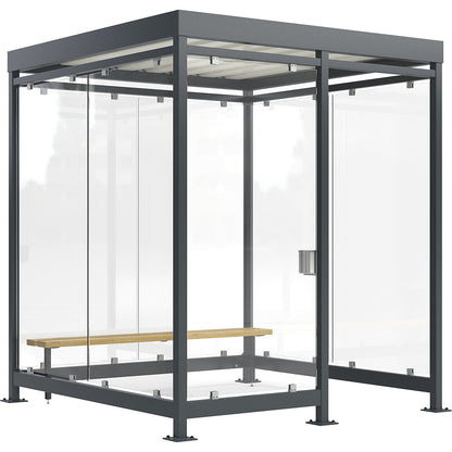 Köln shelter with bench and ashtray, open, fully assembled, W 2165 mm, with bench, 7 glass elements.
