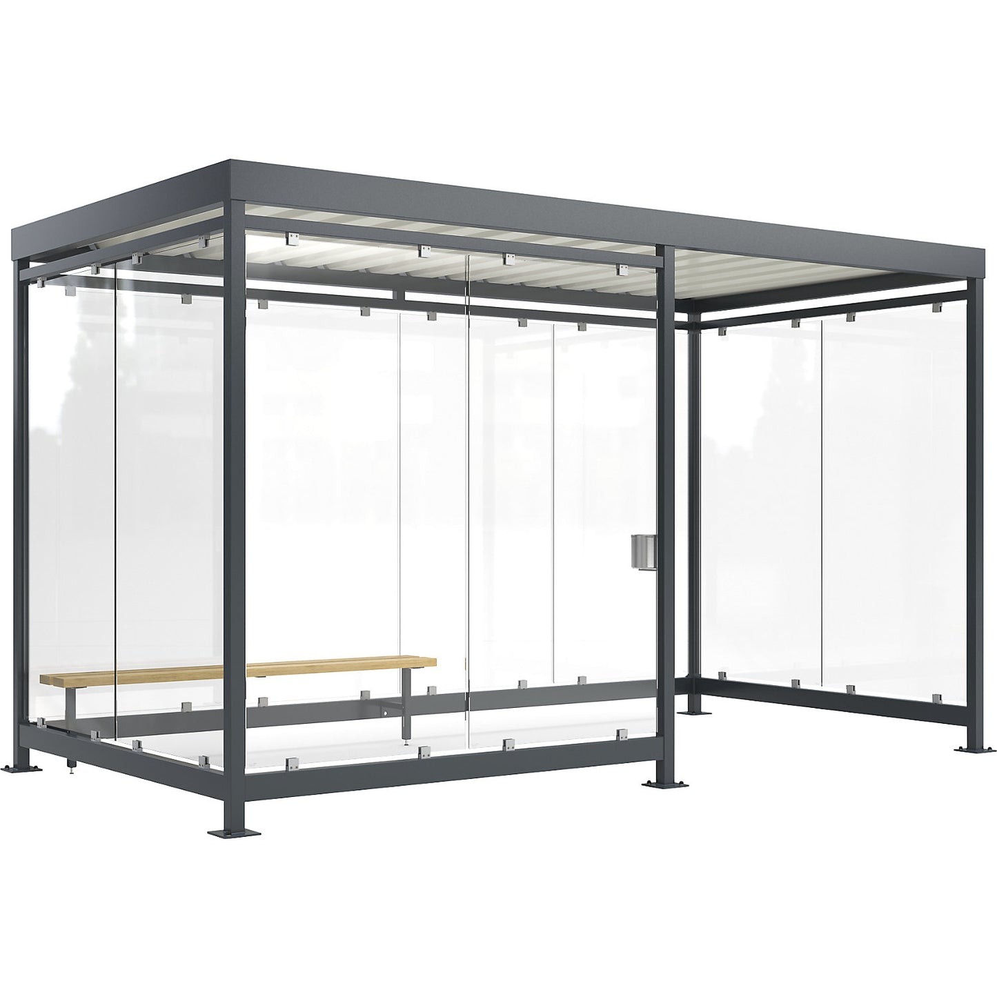 Köln shelter with bench and ashtray, open, fully assembled, W 4195 mm, with 2 benches, 10 glass units.