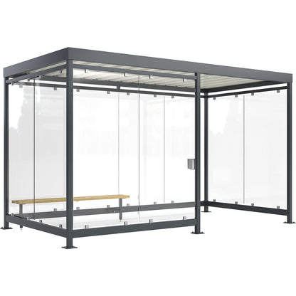 Köln shelter with bench and ashtray, open, fully assembled, W 4195 mm, with 2 benches, 10 glass units.