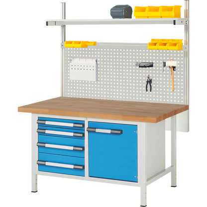 Workbench with Series 8000 modular system, with system build-up 5, WxD 1500 x 900 mm.