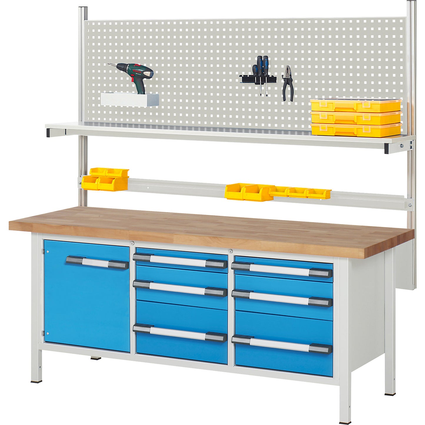 Workbench with Series 8000 modular system, with system build-up 5, WxD 2000 x 700 mm.