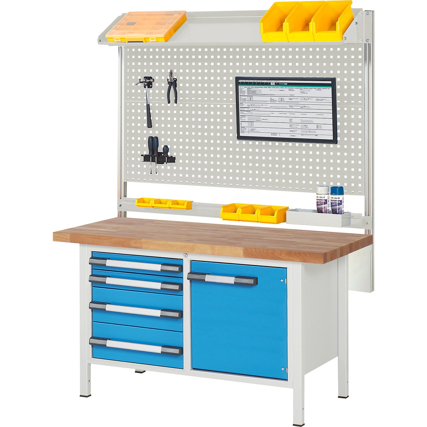 Workbench with Series 8000 modular system, with system build-up 6, WxD 1500 x 700 mm.