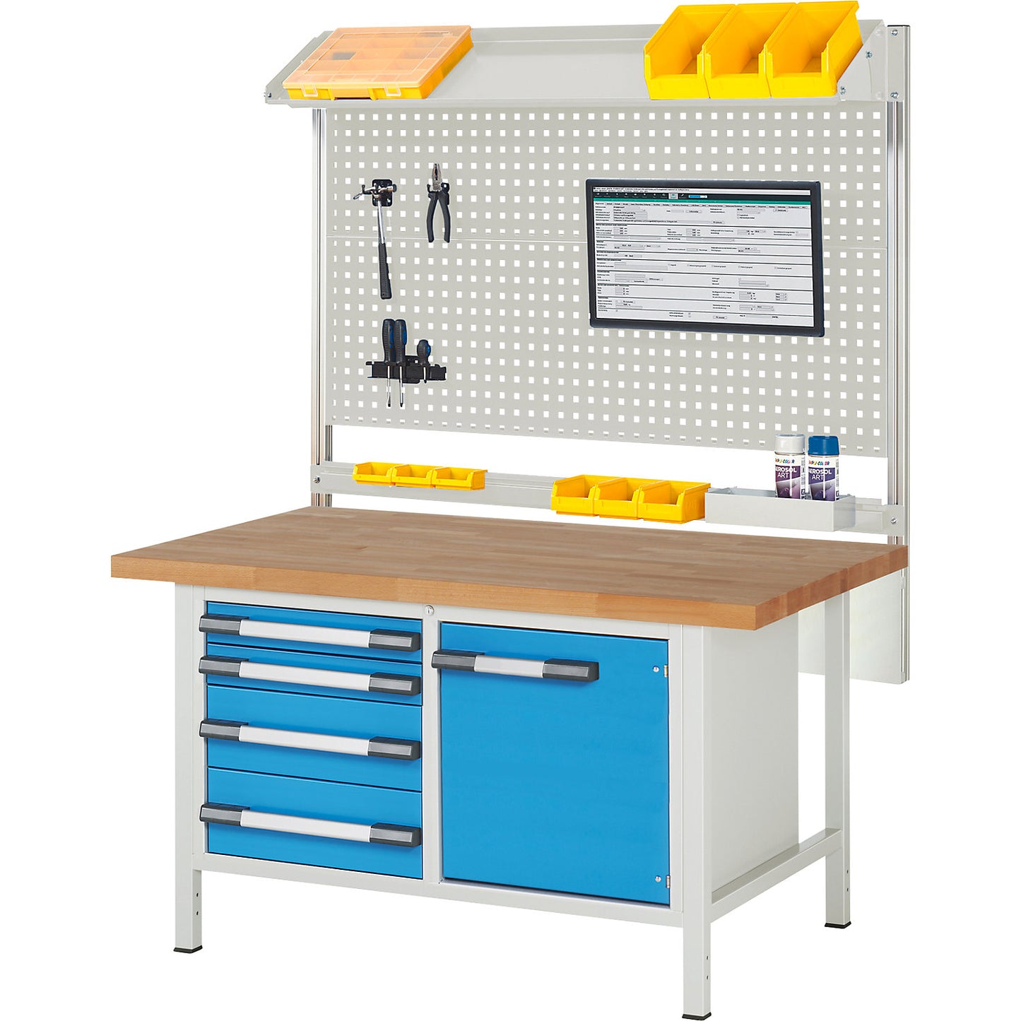Workbench with Series 8000 modular system, with system build-up 6, WxD 1500 x 900 mm.
