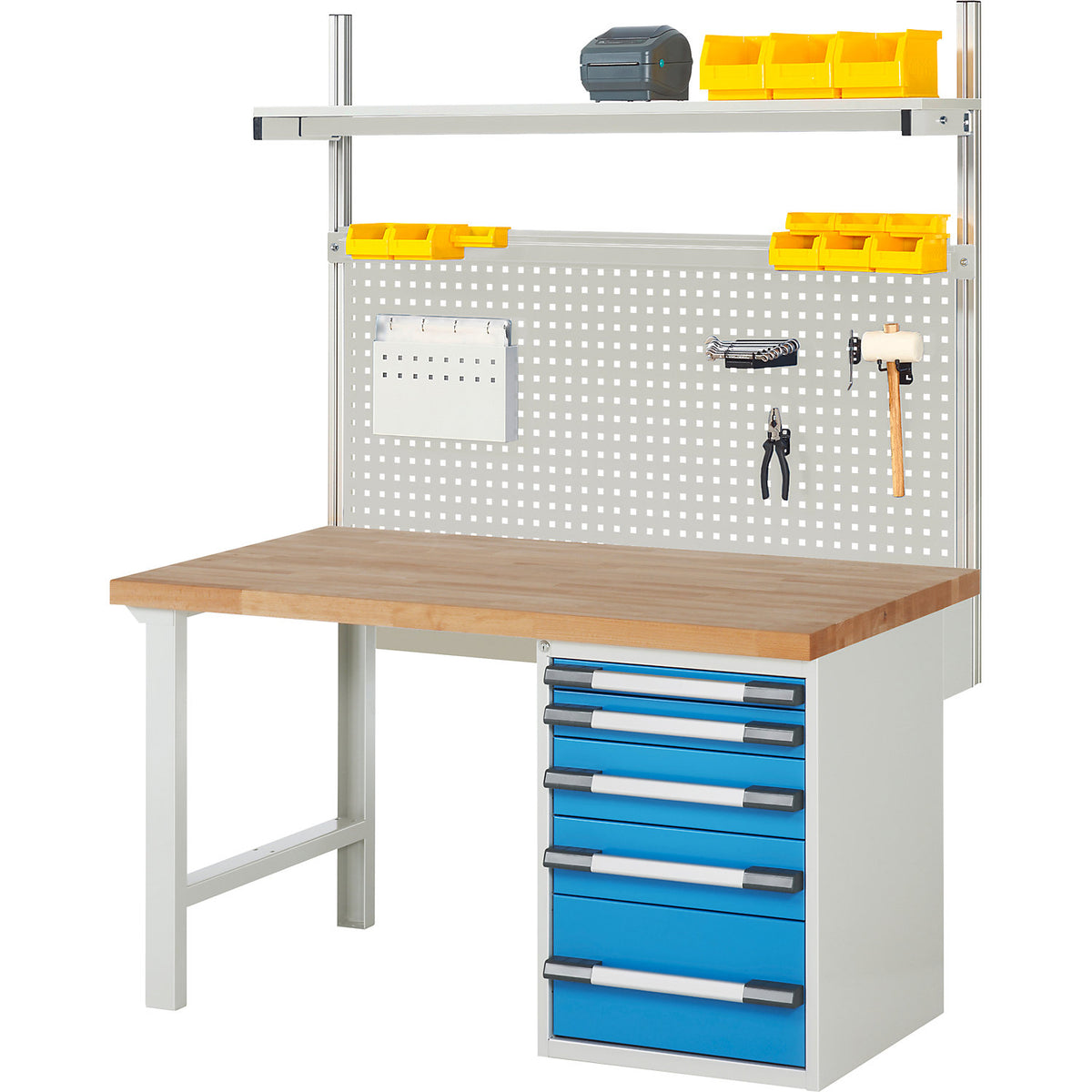 Workbench with Series 7000 modular design, with system build-up 5, WxD 1500 x 900 mm.