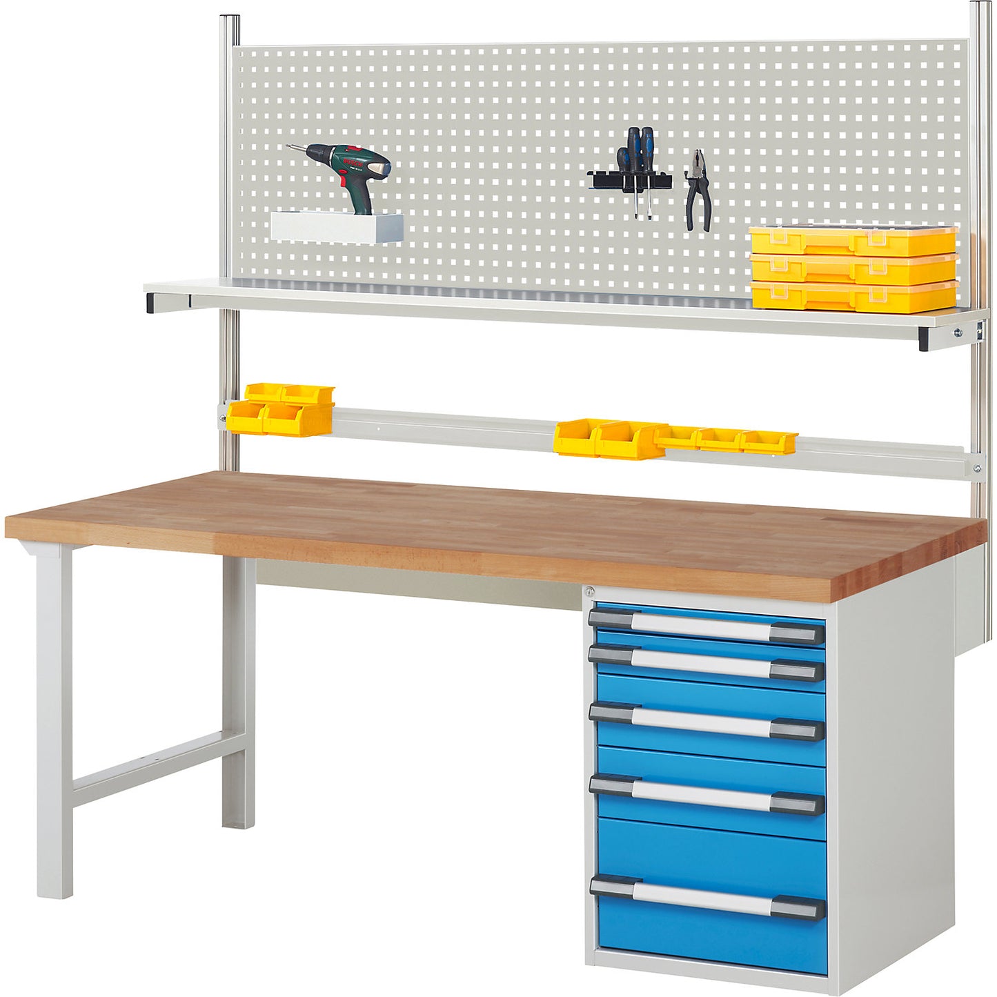 Workbench with Series 7000 modular design, with system build-up 5, WxD 2000 x 900 mm.