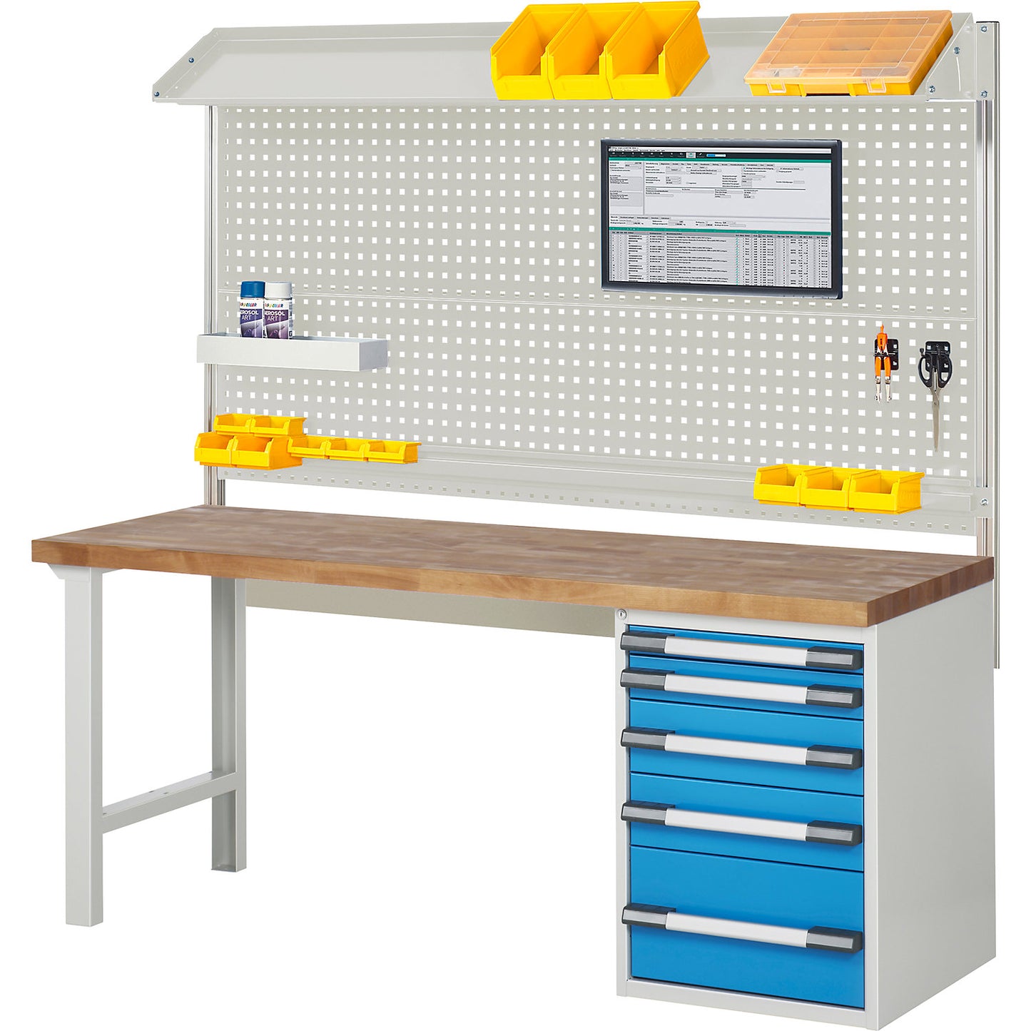 Workbench with Series 7000 modular design, with system build-up 6, WxD 2000 x 700 mm.