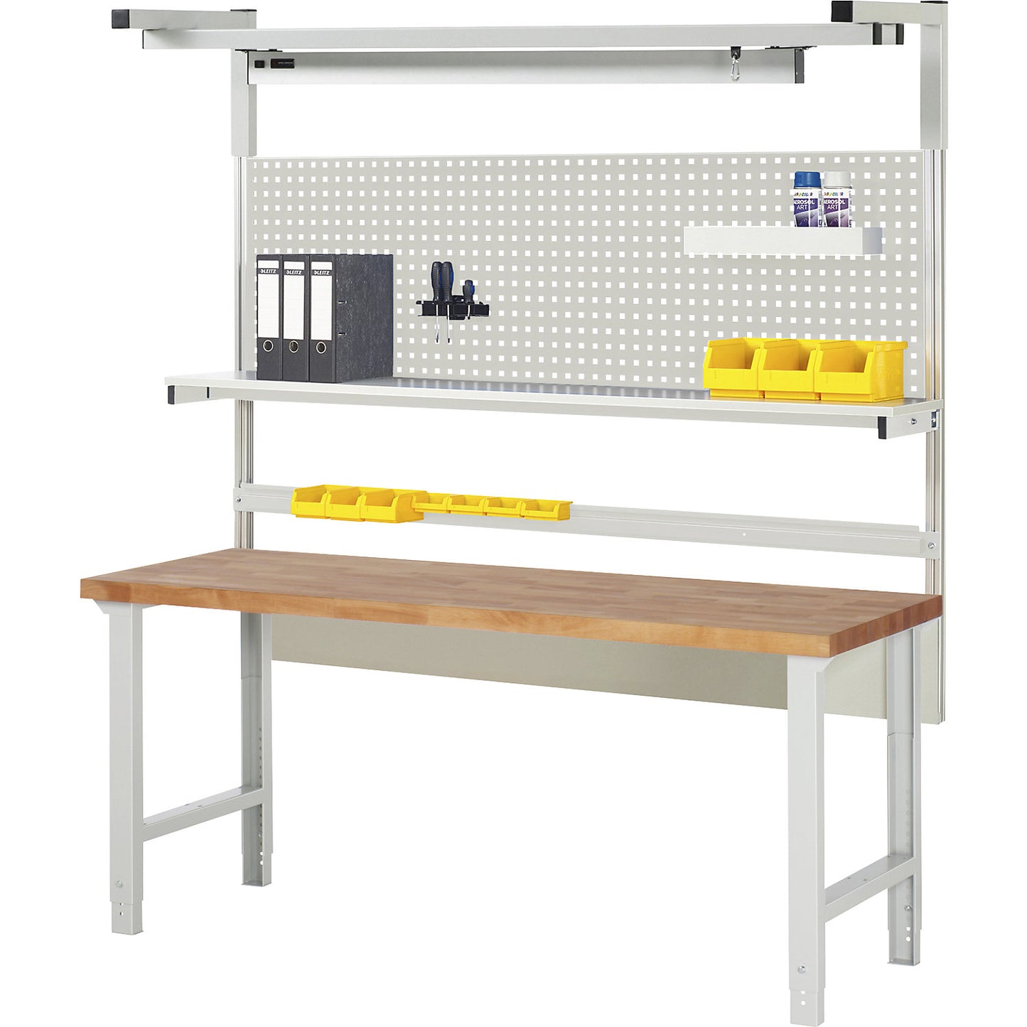 Workbench with Series 7000 modular design, with modular system 4, WxD 2000 x 700 mm.