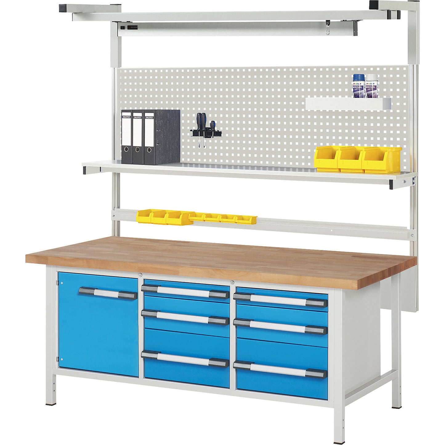 Workbench with Series 8000 modular system, with system structure 8, WxD 2000 x 900 mm.