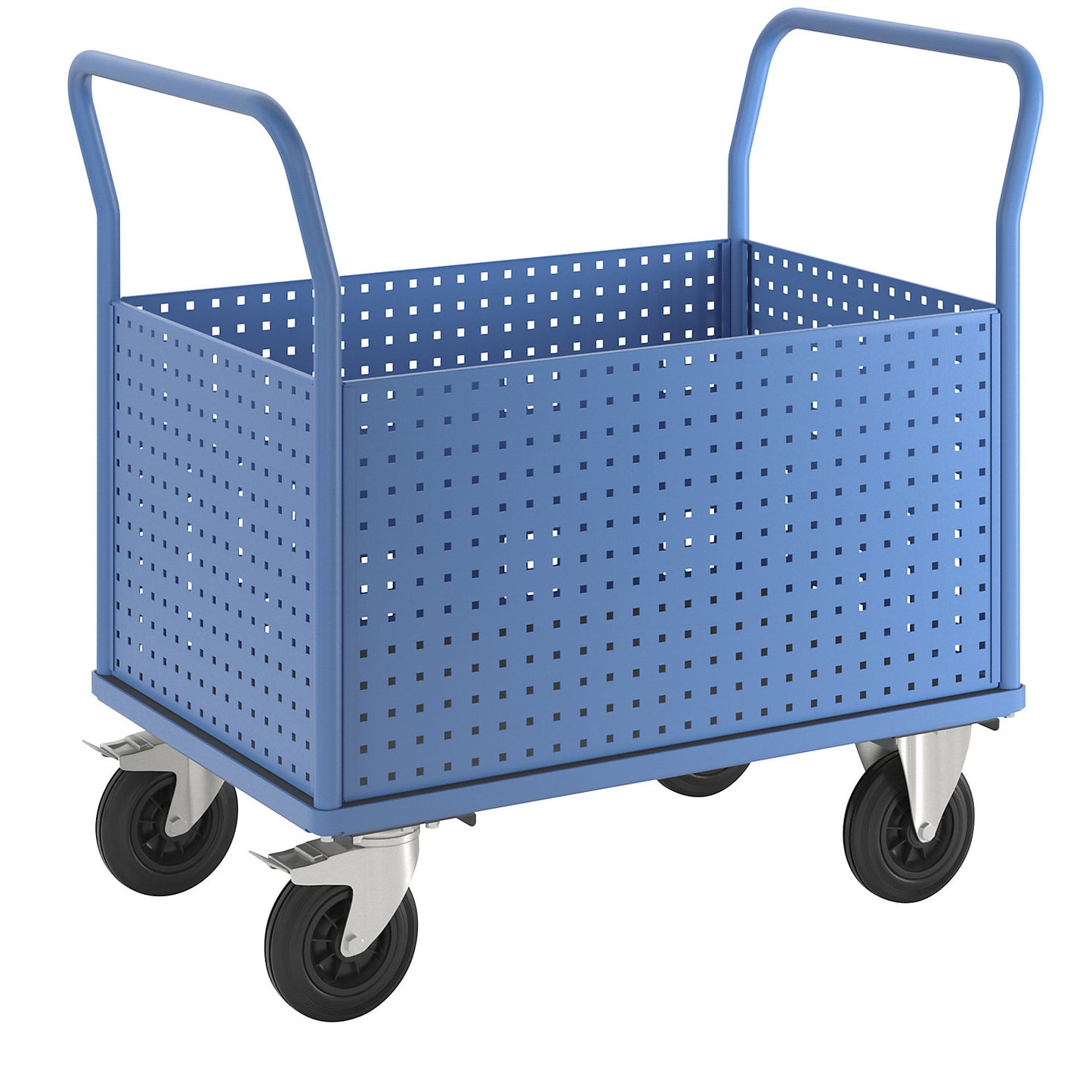 Platform truck, with 4 high perforated sheet metal walls, LxW 1050 x 700 mm, solid rubber.