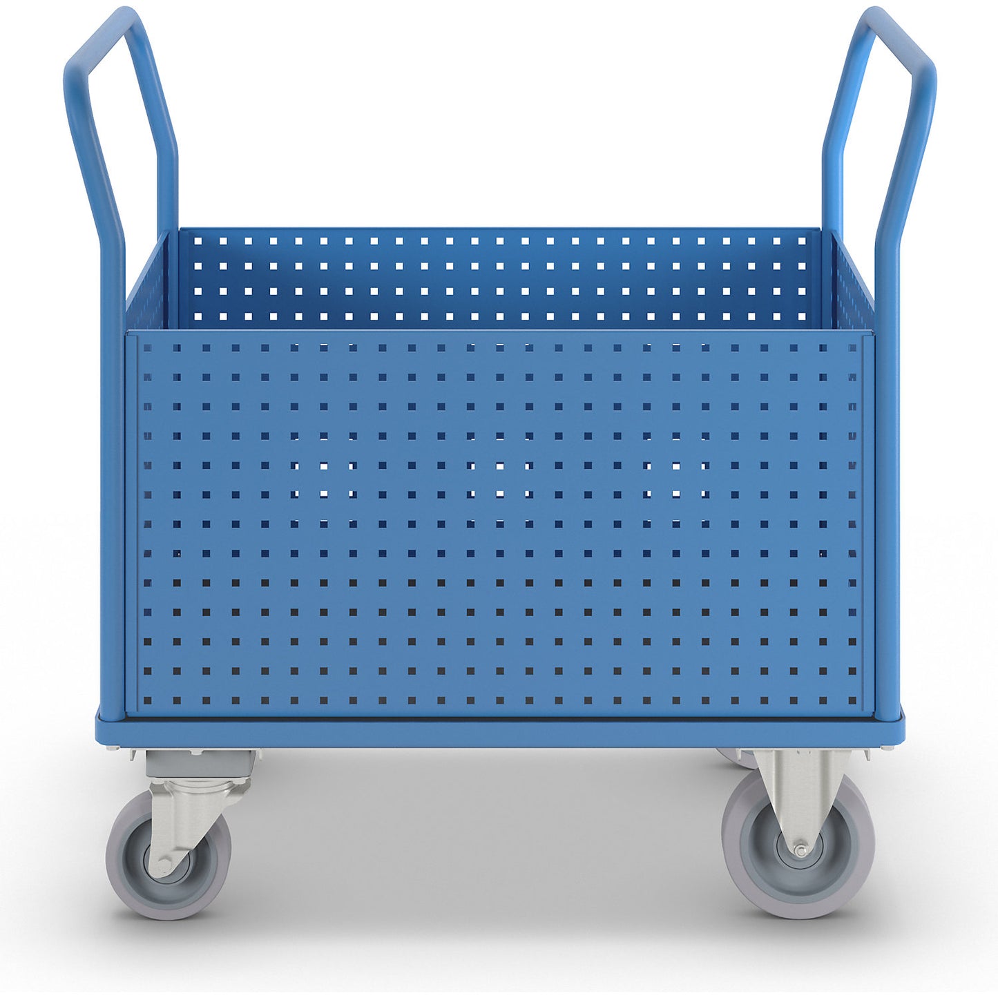 Platform truck, with 4 high perforated sheet metal walls, LxW 1050 x 700 mm, with centre stop, solid elastic.