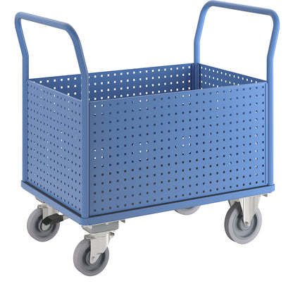 Platform truck, with 4 high perforated sheet metal walls, LxW 1050 x 700 mm, with centre stop, solid elastic.