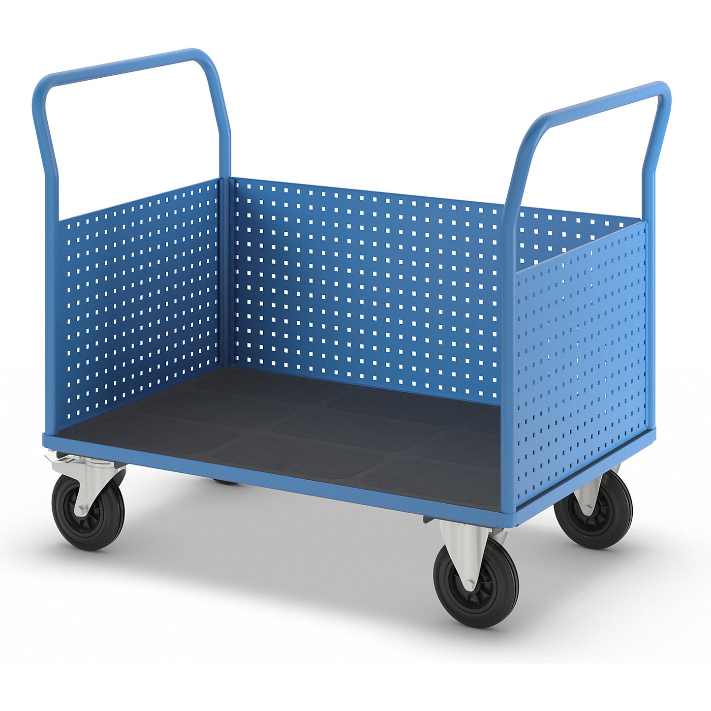 Platform truck, with 3 high perforated panels, LxW 1250 x 800 mm, solid rubber.