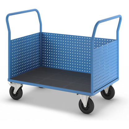 Platform truck, with 3 high perforated panels, LxW 1250 x 800 mm, solid rubber.