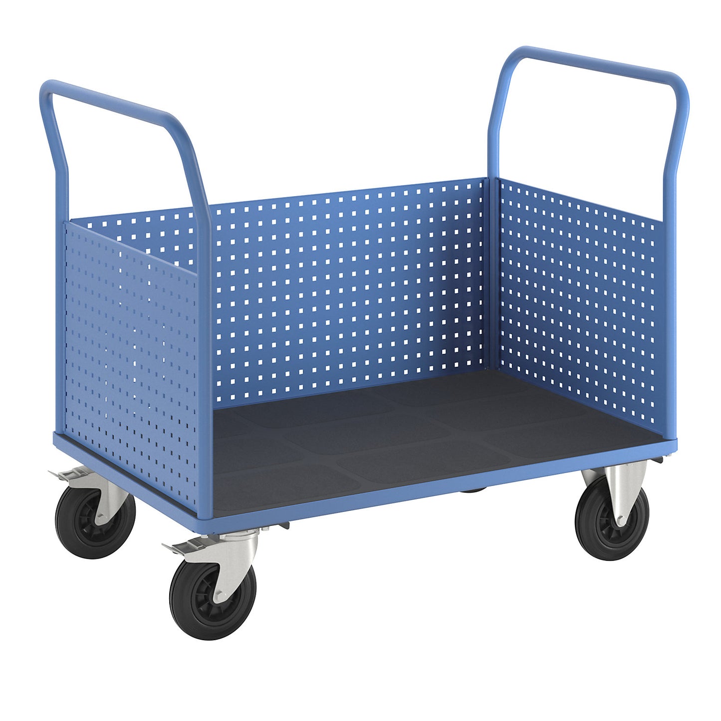 Platform truck, with 3 high perforated panels, LxW 1250 x 800 mm, solid rubber.