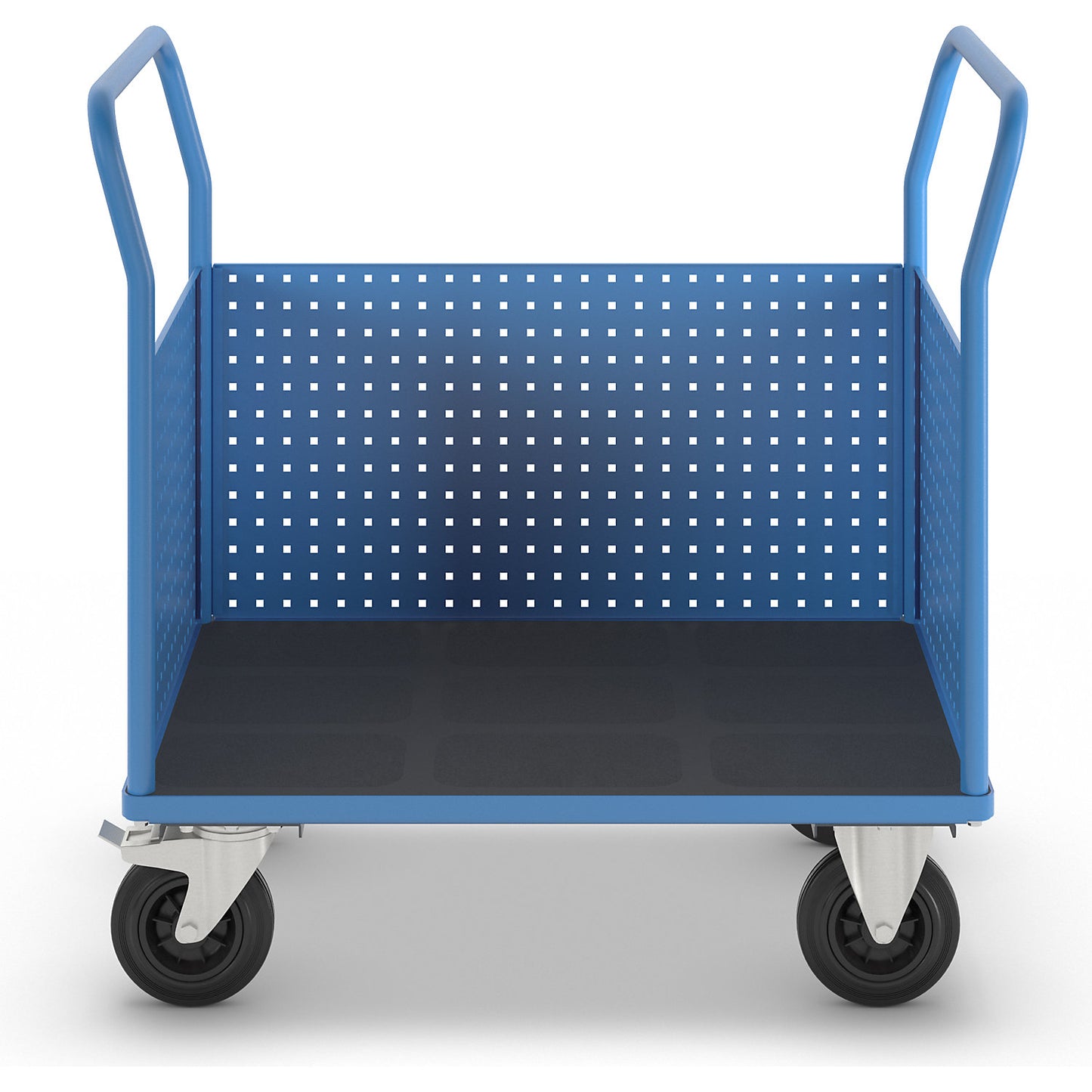 Platform truck, with 3 high perforated panels, LxW 1050 x 700 mm, solid rubber.
