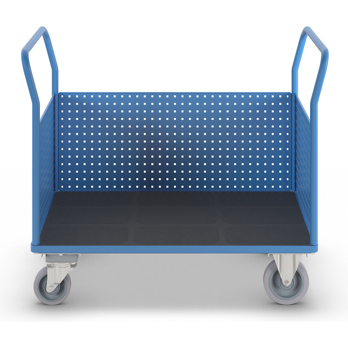 Platform truck, with 3 high perforated panels, LxW 1250 x 800 mm, with central stop, solid elastic.