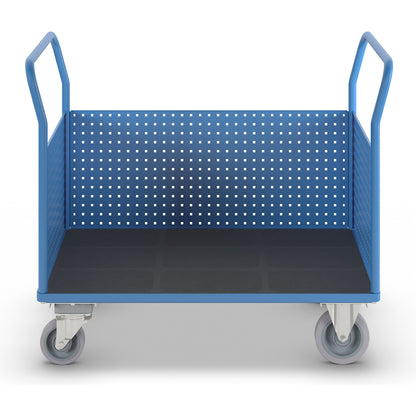 Platform truck, with 3 high perforated panels, LxW 1250 x 800 mm, with central stop, solid elastic.